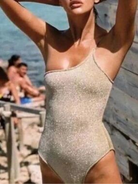 triangl swimwear Gold-Beige Shimmer One-Shoulder Swimsuit